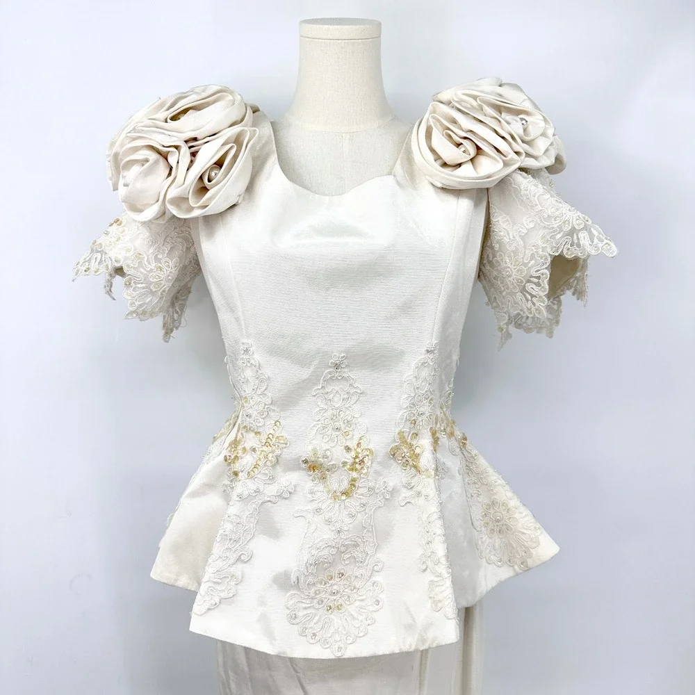 Vintage 80s Ivory Wedding Bridal Suit Set M Rosette Shoulder Lace Beaded‎